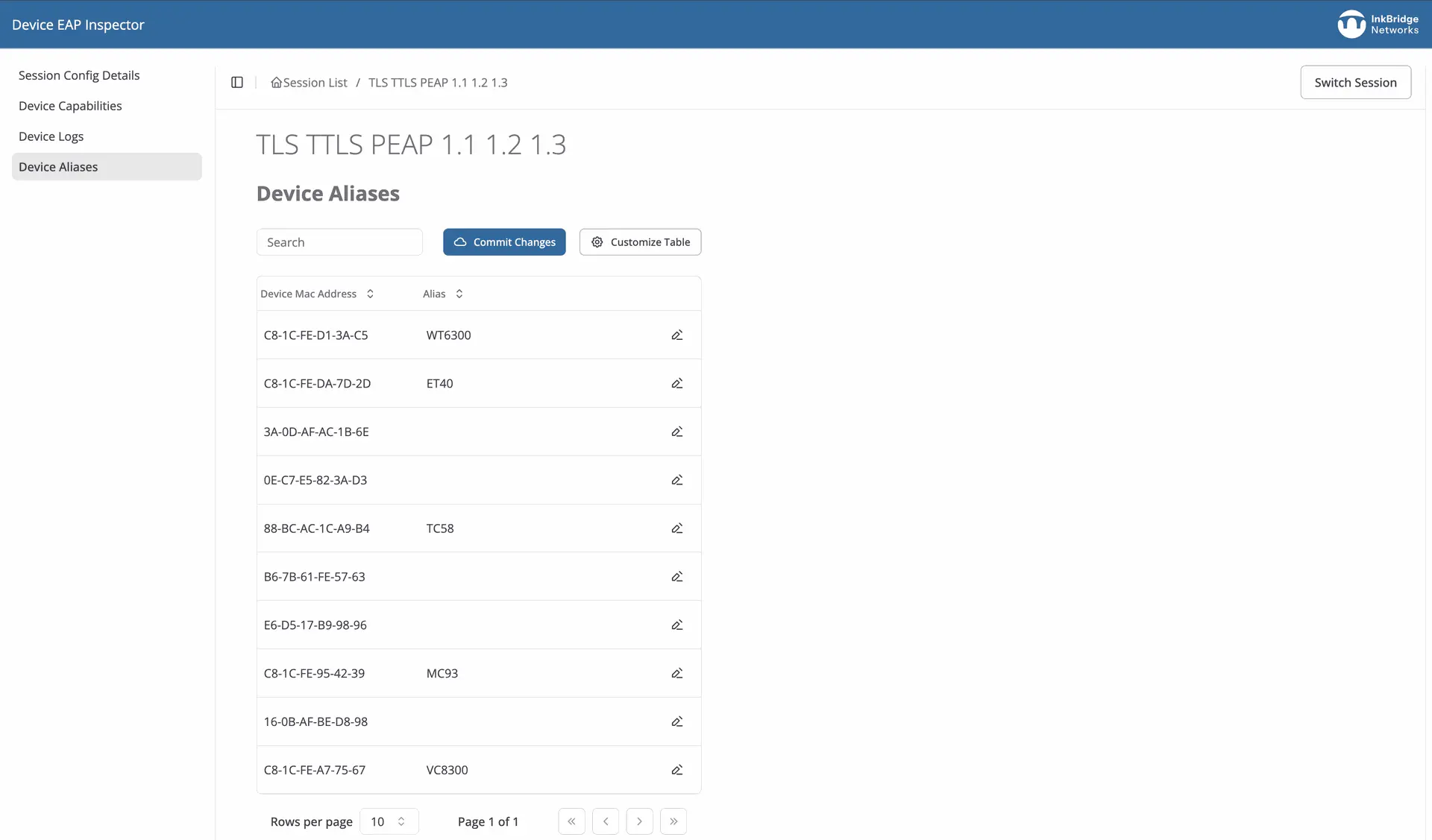 EAP Inspector device aliases configuration screen for managing network device authentication testing