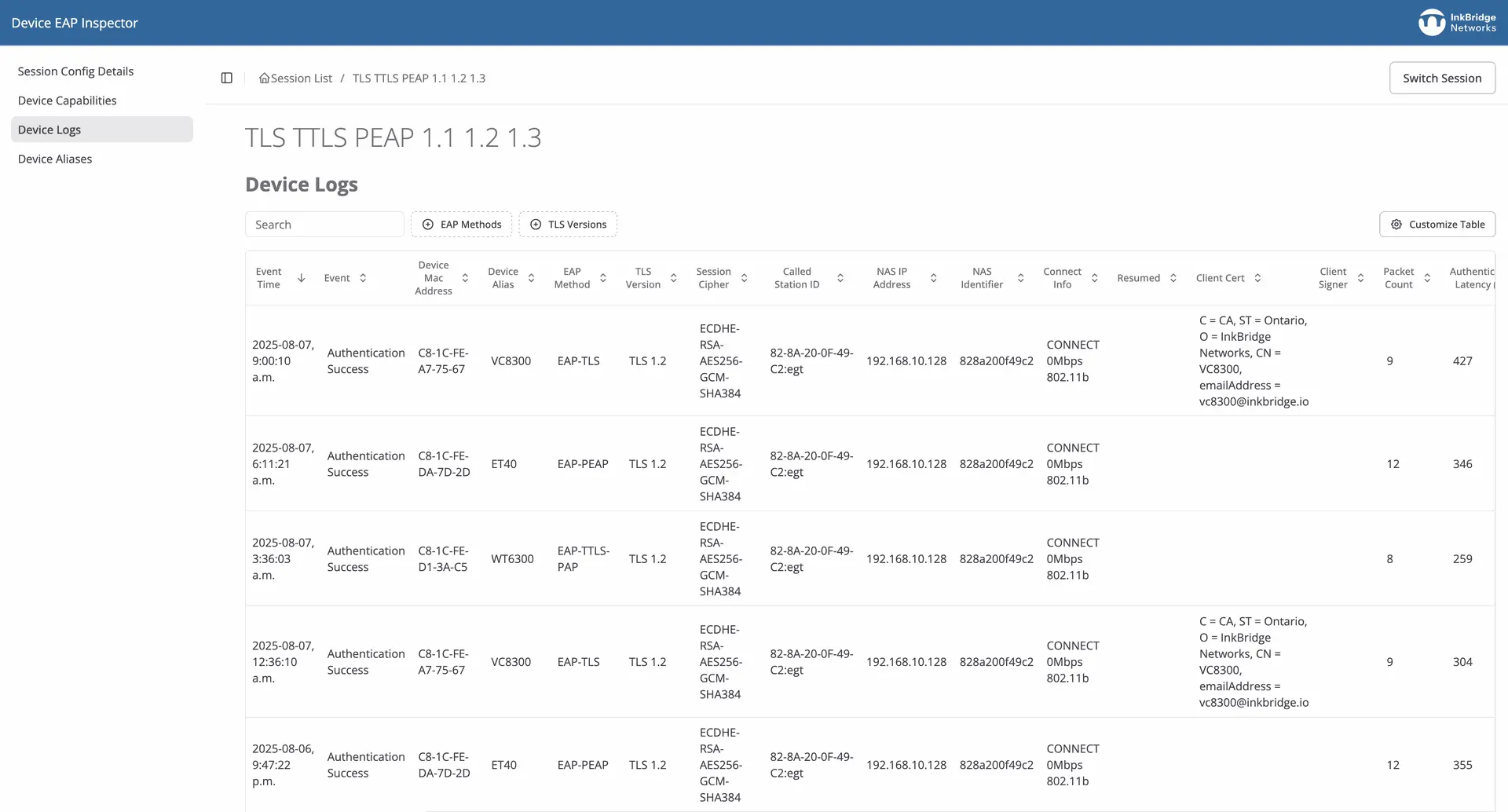 EAP Inspector device logs interface showing network authentication testing activity and compliance data