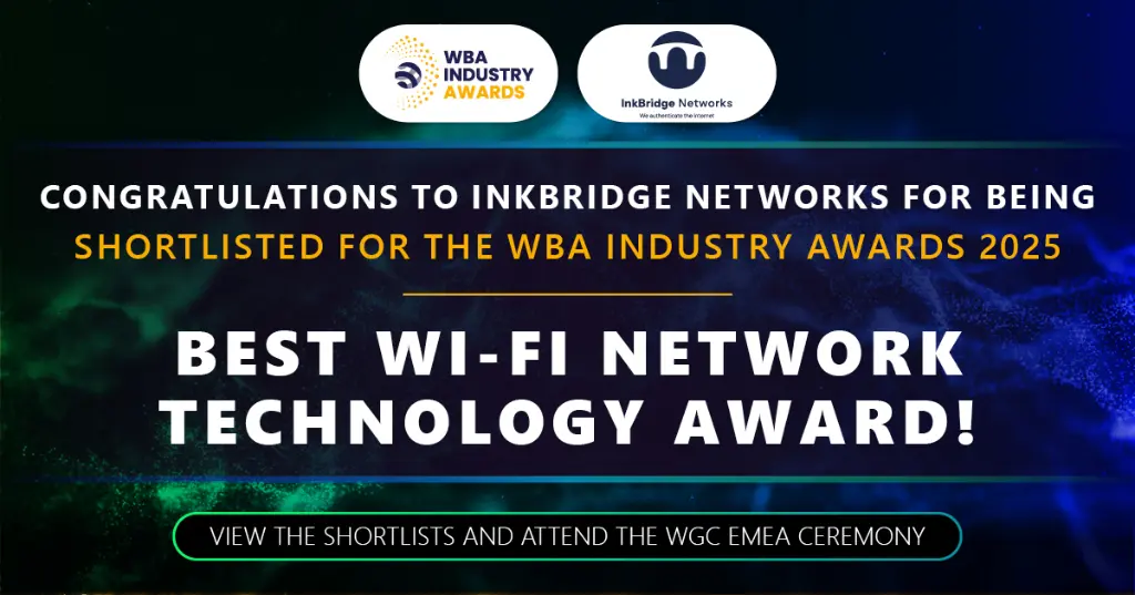 Wireless Broadband Alliance Best Wi-Fi Network Technology Award finalist badge, recognising InkBridge Networks' three-tiered approach to transforming Wi-Fi security in 2025.